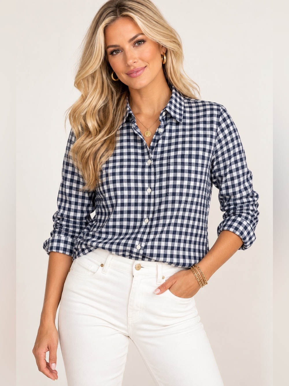 J. Crew Navy and White Gingham Button-Down Cotton Shirt Size L